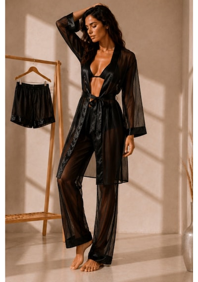 Qmen Style Kadın Şifon Kimono- Pijama - Şort Seti Siyah