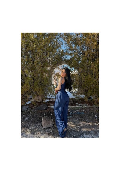 Evoa Kadın Lacivert Halter Yaka Crop & Bol Paça Pantolon Fırfır Detaylı Gagari Takım Lacivert Lacivert