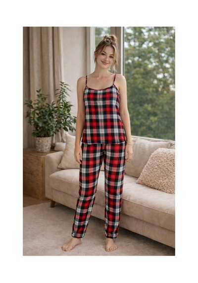 Rindahomewear Kadın Ekose Baskılı Milan Askılı Pijama Takımı Kırmızı1