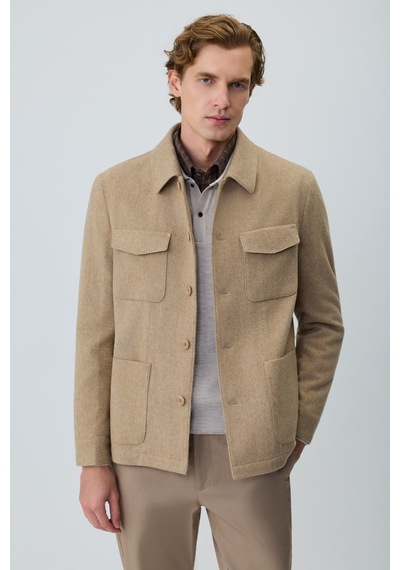 Morven Erkek Bej Trend Yünlü Safari Model Dinamik Fit Gömlek Ceket 27ks022001653 Bej