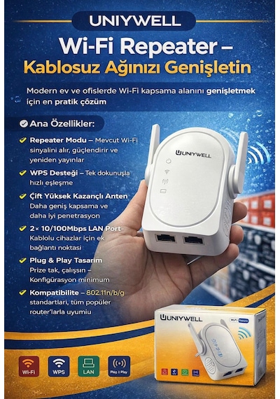 Uniywell Wi-fi Repeater 300 Mbps Kablosuz Ağ Genişletici - Çift Antenli, Wps Destekli Sinyal Güçlendirici Menzil Arttırıcı