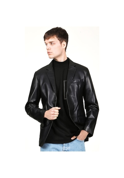 Dericlub Venedik Erkek Kruvaze Yaka Hakiki Deri Blazer Ceket Siyah