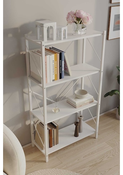 Dört Katli Çok Amaçli Rafli Kitaplik Beyaz Profil Beyaz Sunta 60x24x115 Cm Mtl021