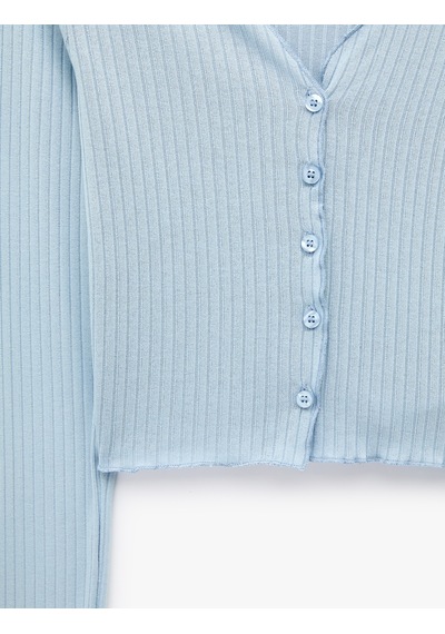 Koton Slim Fit V Yaka Uzun Kollu Düğmeli Kaşkorse Tişört Mavi 7wal10141ık