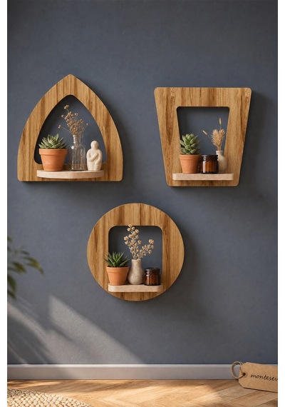 Ahşap Dekoratif Duvar Rafı 2 Li / 3 Lü Set Mtsv - 641 Açık Kahverengi