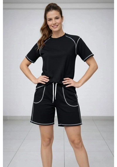 Freedom Store Kadın Kısa Kol Oversize Kalıp Tişört Şort İkili Takım Kontrast Dikişli - Siyah Freedom Store Kadın Kısa Kol Oversize Kalıp Tişört Şort İkili Takım Kontrast Dikişli - Siyah