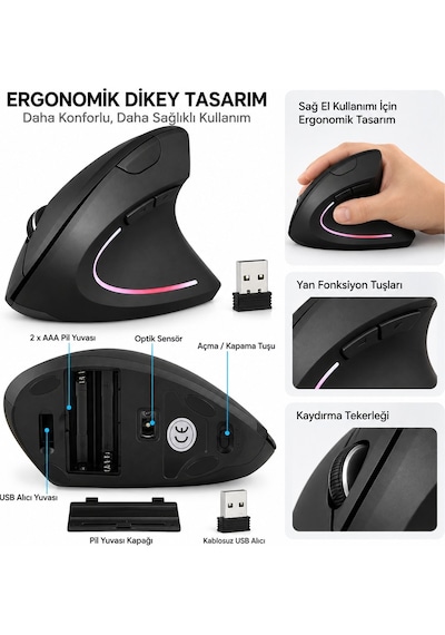 Luve Store Kablosuz Ergonomik Dikey Mouse 800/1200/1600 Dpı Ayarlanabilir 2.4 Ghz Optik Usb Alıcılı Dikey Ergonomik