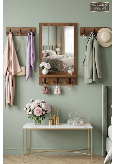 Antik Ahşap Dekoratif 3 Parça Oda Hol Salon Aynası Raflı Aynalı Askılık Set Portmanto Banyo Lavabo Duvar Antre Raflı Askılı Ayna Anx-13x Atlantik Çam