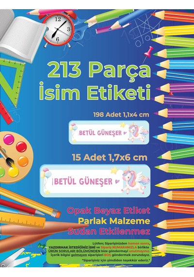 Okul Etiketi Kalem Defter Etiketi, Unicorn - 213 Adet Opak Sticker Çok Renkli
