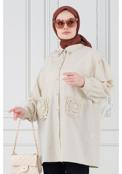 Sevitli Önü Gül Detaylı Tunik-bej-3630-bej Bej