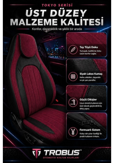 Fiat Albea 2002-2012 Bel Destekli Tay Tüyü Koltuk Kılıfı Tokyo Serisi Bordo Siyah
