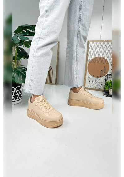 Günlük Kadın Sneaker Bağcıklı Hafif Kalın Yüksek Tabanlı Yürüyüş Nefes Alan Spor Ayakkabı 451 Nut