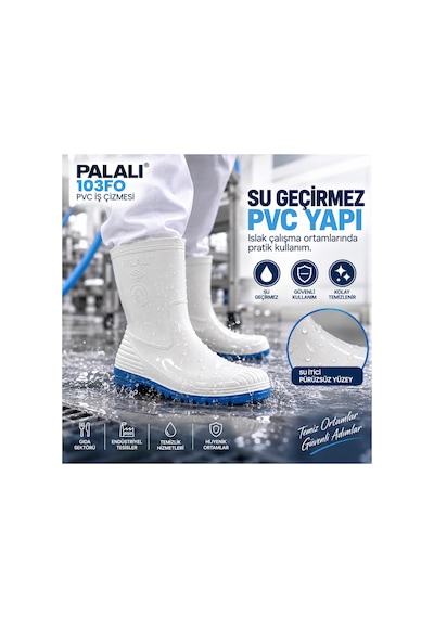 103fo Kısa Beyaz Pvc Su Geçirmez İş Çizmesi Gıda Hijyen Sanayi Mutfak Çizmesi Palalı 103 Fo