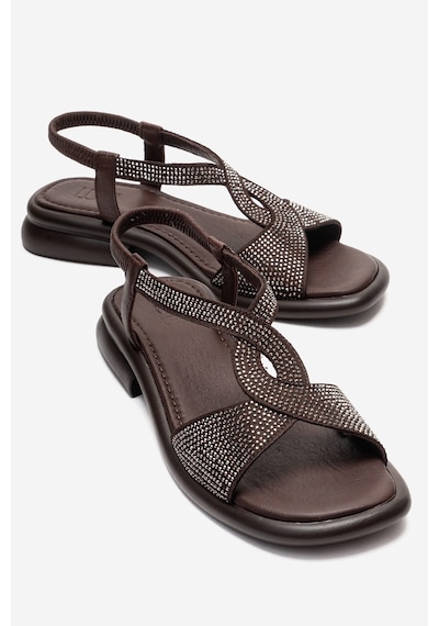 Luvishoes Aurora Kahverengi Hakiki Deri Taşlı Kadın Sandalet Kahverengi