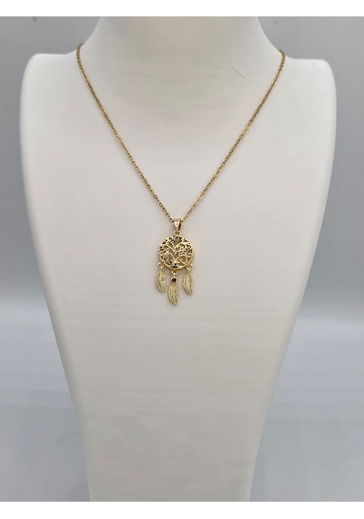 Kalp Figürlü Dreamcatcher Çelik Gold Kolye