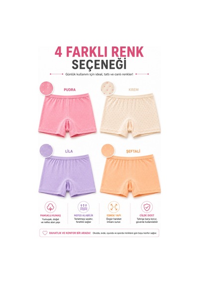 Westicgiyim Kız Çocuk Pamuklu Boxer 4 Lü Paket Esnek Rahat Şort Külot 3-4 Yaş 13-14 Yaş Çok Renkli