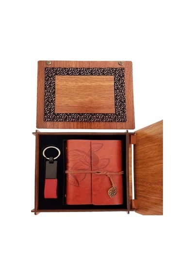Lb Dekoratif Ahşap Kutulu Kahverengi Deri Defter Ve Anahtarlık Set