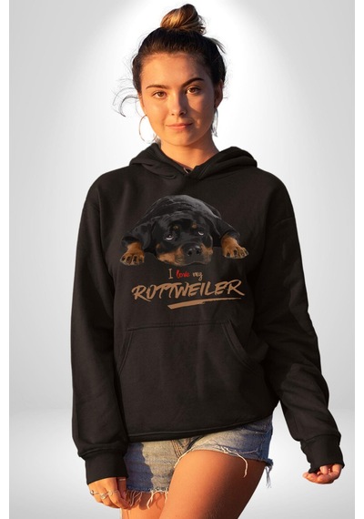 Rottweiler Sevgisi Kadın Erkek Siyah Kapüşonlu Sweatshirt Hoodie Siyah