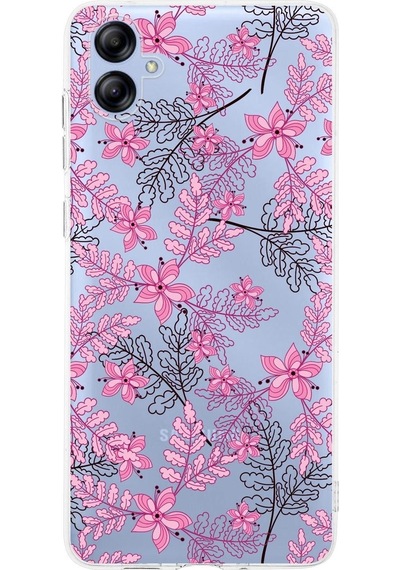 Samsung Uyumlu Galaxy A04e Kamera Korumalı Kapak Floral Pembe Tasarımlı Şeffaf Kılıf