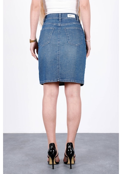 HLT Jeans Nordic Blue Kadın Regular Fit Likralı Yüksek Bel Orta Boy Denim Kot Etek Alice-4013 Mavi