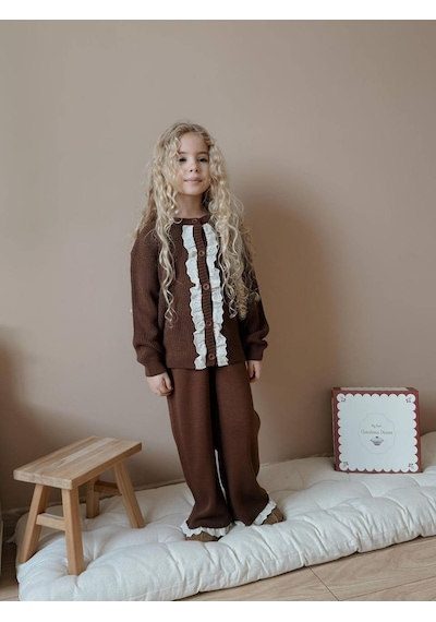 Miniko Kids Kız Çocuk Hırkalı Güpürlü Düğmeli Triko Takım Kahverengi