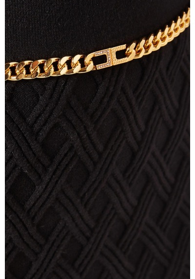 Elisabetta Franchi Dokulu Triko, Zincir Ve Taş Detaylı Lüks Chain Accent Midi Etek Siyah