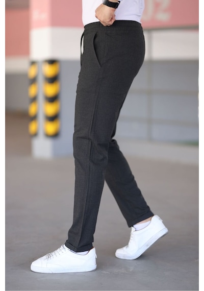 Bürke Erkek Antrasit Renk Beli Lastikli Bağcıklı Esnek Fitted Jogger Pantolon Kumaş Pantolon