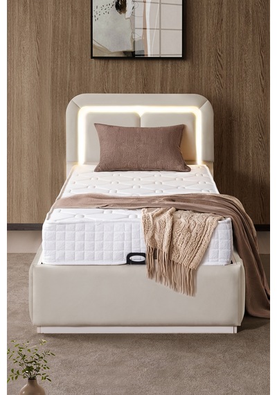 Demonte Baza Seti, Nox Ledli Tek Kişilik Baza Başlık Maxi Yatak Seti, Bej - 100x200 Cm 100 x 200