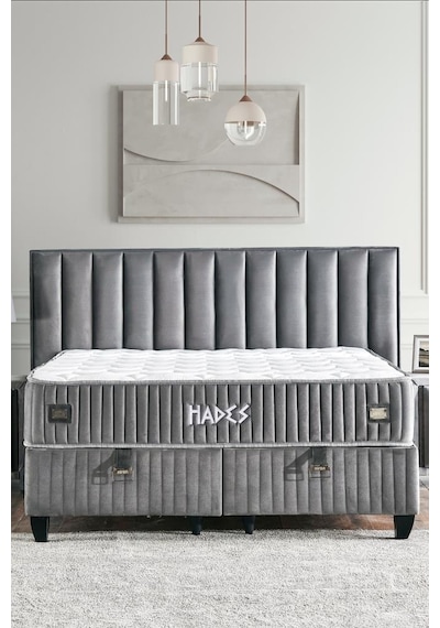 Hades Yatak Baza Ve Başlık Seti 150x200 Cm Çift Kişilik Paket Yaylı Lüks Yatak Koyu Gri Baza Başlık