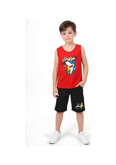 Fyk Kids Erkek Çocuk Baskılı Sıfır Kol Shark Surfıng Alt-üst Takım Kırmızı