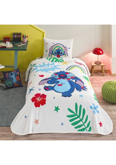 Taç Lisanslı Disney Stitch Tek Kişilik Pamuk Pike Takımı 000000001000050130 Çok Renkli
