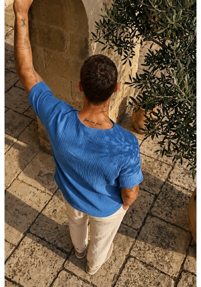 Combattente Exclusive Products Kısa Kol Oversize Müslin Erkek Tshirt - 2026 Erkek Tişört Kreasyonu Mavi