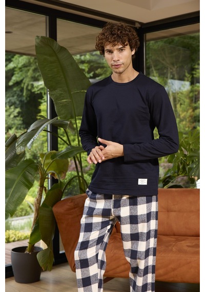 Kly 8058 Erkek Sıfır Yaka Ekose Uzun Kollu Pijama Takım Lacıvert