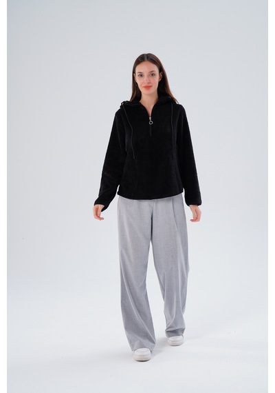 Gülmina Moda Kadın Çift Taraflı Wellsoft Yarım Fermuarlı Kapişonlu Sweat - Siyah