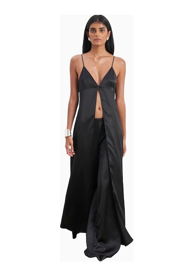 Because Of Alice Satin V Neck Longline Camisole Parlak V Yaka Saten Kadın Bluz Siyah