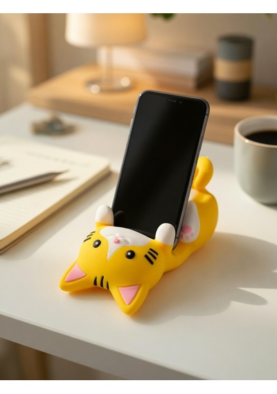Sarı Kedi Figürlü Telefon Tutucu Stand - 3d Baskı Ofis Masaüstü Aksesuarı Ve Biblo
