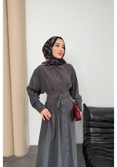 Mihran Butik Valeno Model Coupra Model Kumaş Kemer Detaylı Elbise Füme