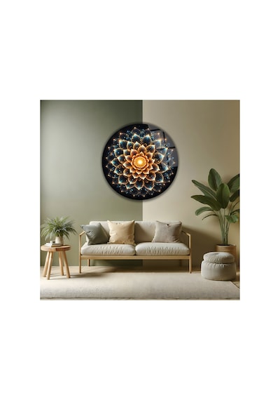 Modern Işıltılı Mandala Desenli Çiçekli Yuvarlak Dekoratif Cam Tablo Lüks Duvar Sanatı Çiçek Temalı Dekoratif Duvar Tablosu, Salon Ve Yatak Odası Dekoru, 100x100 Cm