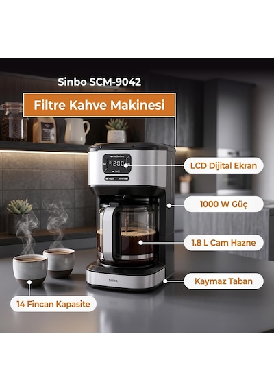 Scm-9042 Otomatik Filtre Kahve Makinesi, 14 Fincan 1.8l Cam Hazne, Taşma Önleyici, Zaman Ayarlı, Yıkanabilir Hazne