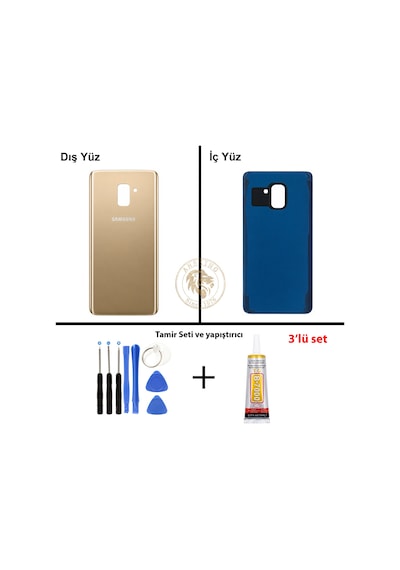 Samsung Galaxy A8 Plus 2018 A730 Gold Renk Arka Kapak + Tamir Seti + B7000 Yapıştırıcı Arka Cam Batarya Kapağı Pil Kapağı Lazer Kesim Back Cover Galaxy A8 Plus Uyumlu