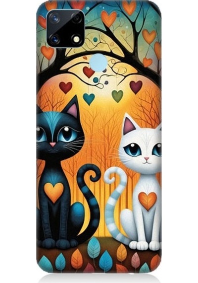 Realme 7i Uyumlu Aşık Siyah Ve Beyaz Kediler Desenli Silikon Kılıf