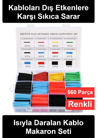 Makaron Seti 560 Parça Isıyla Daralan Kablo Koruyucu Renkli Shrink Tüp İzolasyon Yalıtım Kılıfı 12