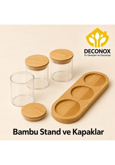 Bambu Standlı Yuvarlak 3 Lü Cam Baharatlık Seti, 3 X 190 Ml, Bambu Kapaklı Baharat Kavanozları, Üç Yuvalı Tezgah Üstü Düzenleyici Çok Renkli