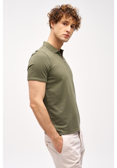 Açık Yeşil Slim Fit Dar Kalıp Fermuarlı Polo Yaka Düz Kısa Kollu Tişört-16406 Yeşil