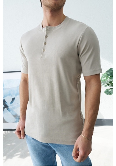 Baselco Premium Henley Yaka Beyaz T-shirt - Rib Dokulu Modern Fit Bej