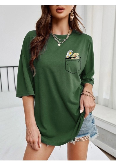 Cep Detay Baskılı T-shirt - Yeşil Oversize Bisiklet Yaka Kısa Kol Yeşil