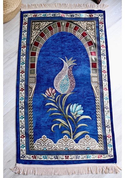 Lale Desenli Astarlı Lüks Seccade S1002 Gri Lacivert