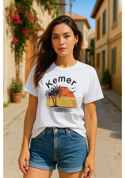 Markapia Kadın Bisiklet Yaka %100 Pamuk Kemer Baskılı Kısa Kollu T-shirt Çok Renkli Xs