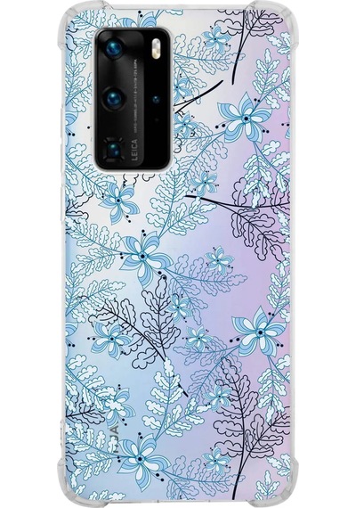 Huawei P40 Pro Uyumlu Köşe Korumalı Floral Mavi Tasarımlı Şeffaf Silikon Kılıf