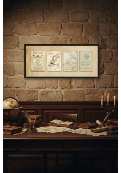 Leonardo Da Vinci Çizimleri Tablo Çerçeveli Vintage Sanat Tablosu Ofis Salon Duvar Dekoru